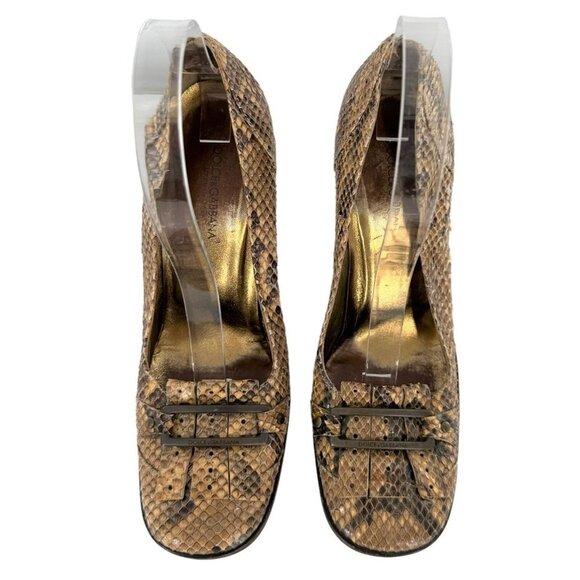 Dolce and Gabbana Brown Python Snakeskin Square Toe Kiltie Pumps Size 38 Heels - Picture 7 of 11
